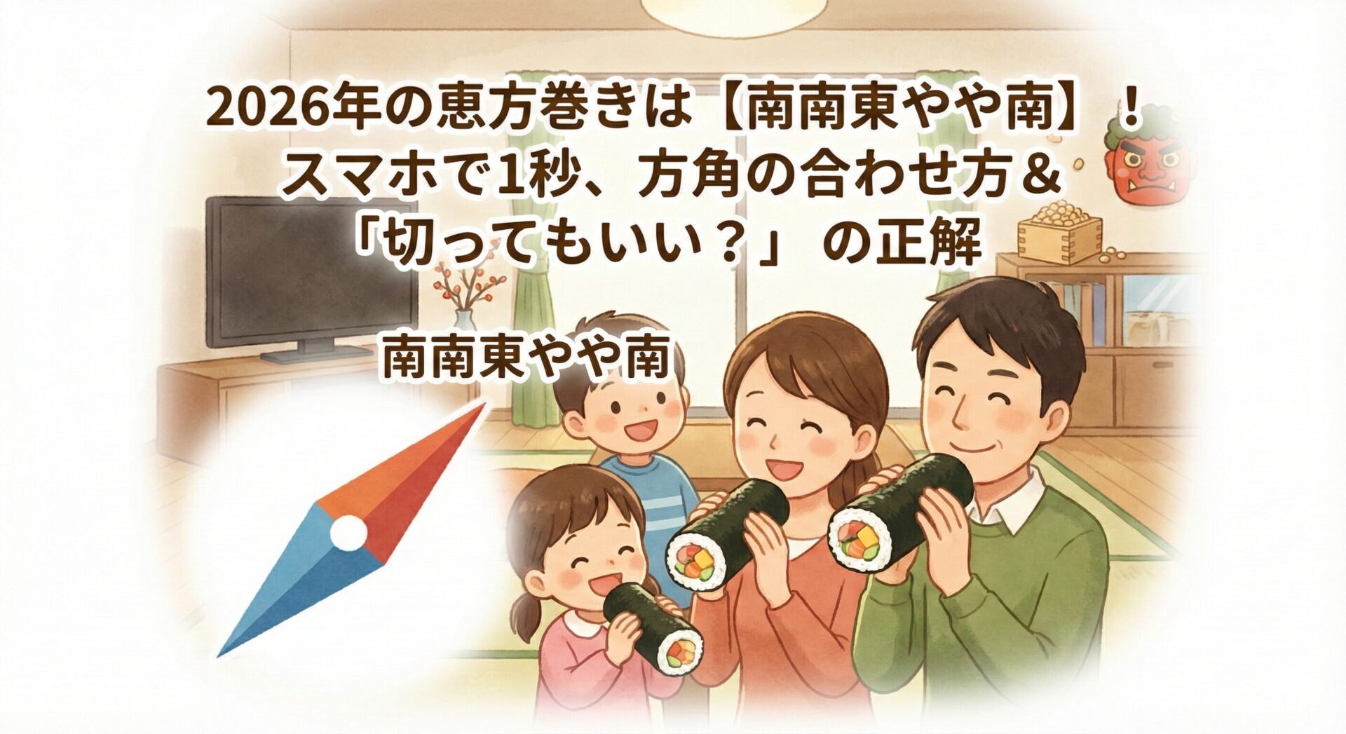 2026年の恵方巻きは【南南東やや南】!スマホで1秒、方角の合わせ方&「切ってもいい?」の正解
