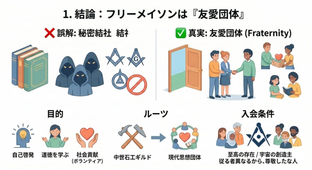 結論から！フリーメイソンとは「秘密結社」ではなく「友愛団体」