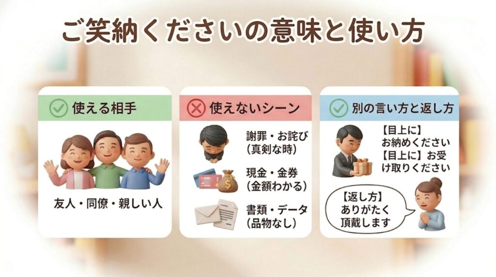 「ご笑納ください」の意味と正しい使い方は？目上の人に失礼な理由と言い換え例文