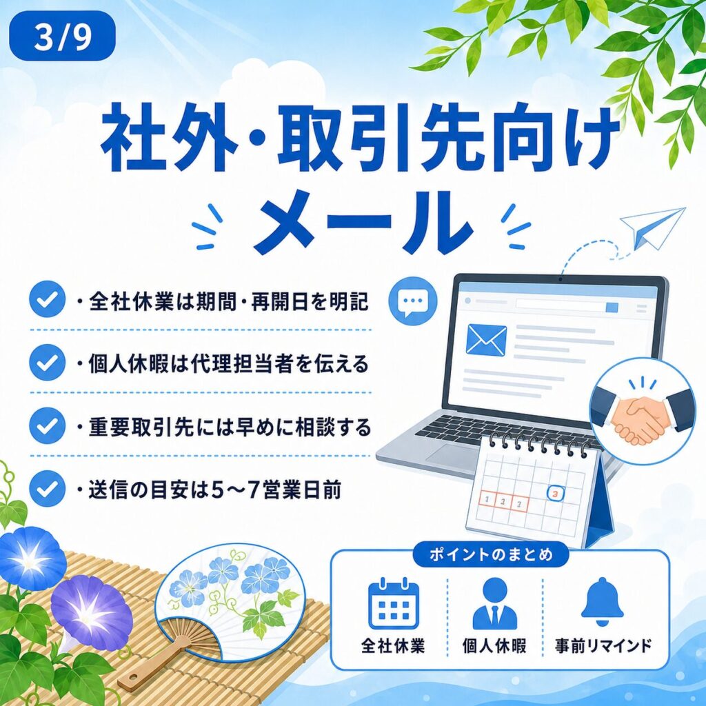 【2026年最新】夏季休暇・お盆休みのお知らせ文例集!メール・張り紙・SNS用コピペテンプレート
