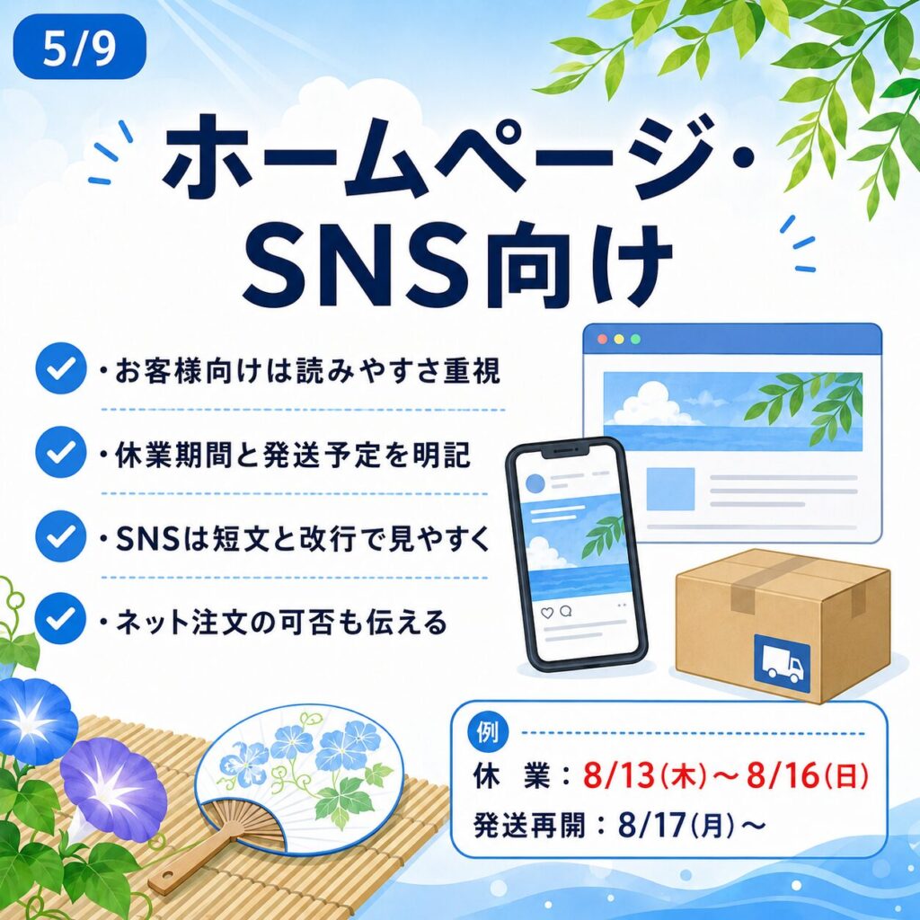 【2026年最新】夏季休暇・お盆休みのお知らせ文例集!メール・張り紙・SNS用コピペテンプレート