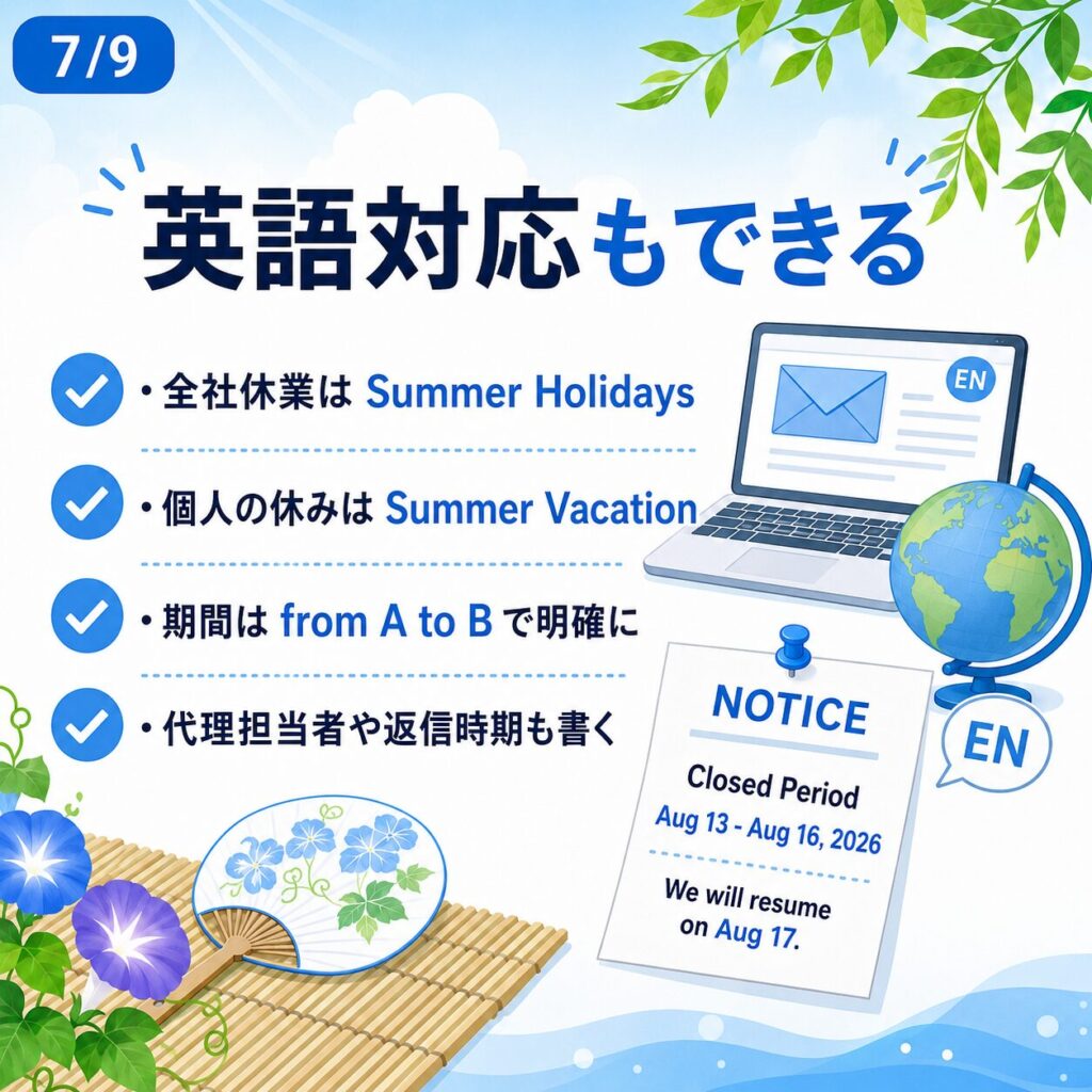 【2026年最新】夏季休暇・お盆休みのお知らせ文例集!メール・張り紙・SNS用コピペテンプレート