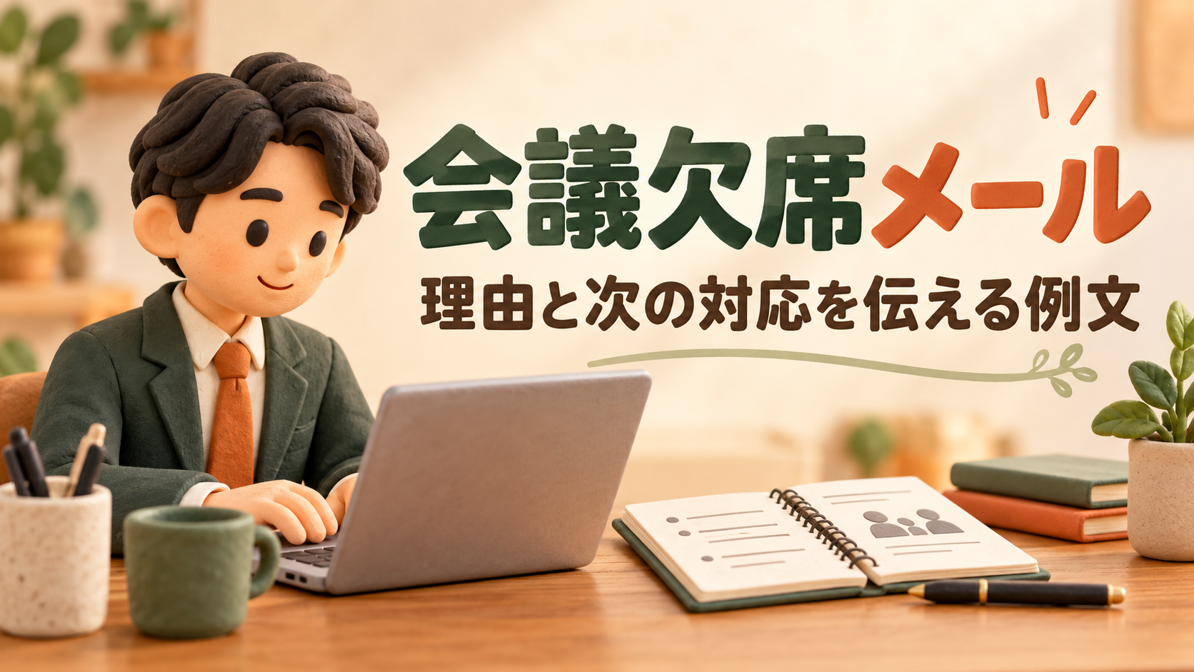 会議の欠席を伝えるメールを書く会社員のイラスト