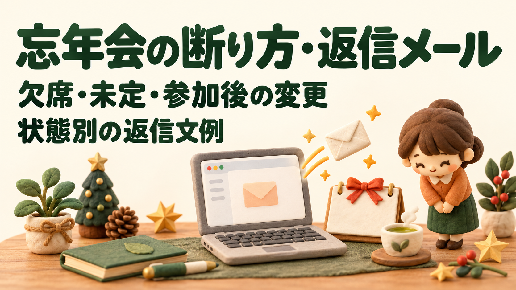 忘年会の断り方と返信メールを考える、ノートパソコンと丁寧にお辞儀するキャラクターの可愛い3Dクレイ風イラスト。欠席・未定・参加後の変更の状態別の返信文例。