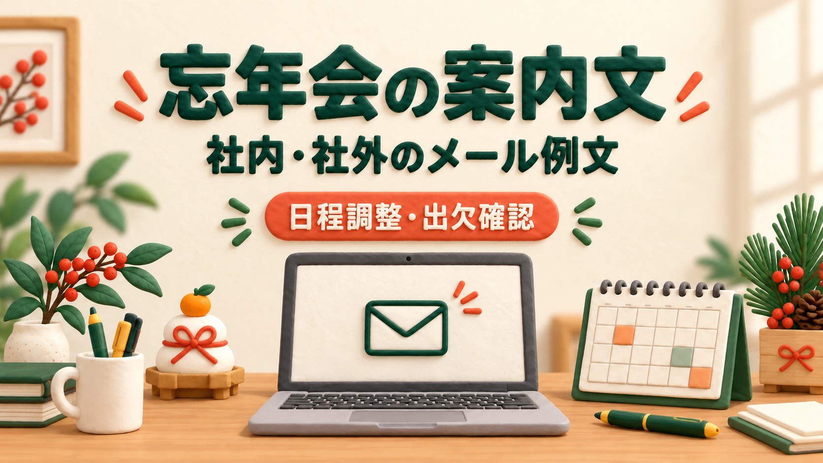 忘年会の案内文を準備するメール画面とカレンダーの、可愛い3Dクレイ風イラスト。社内・社外の日程調整と出欠確認。