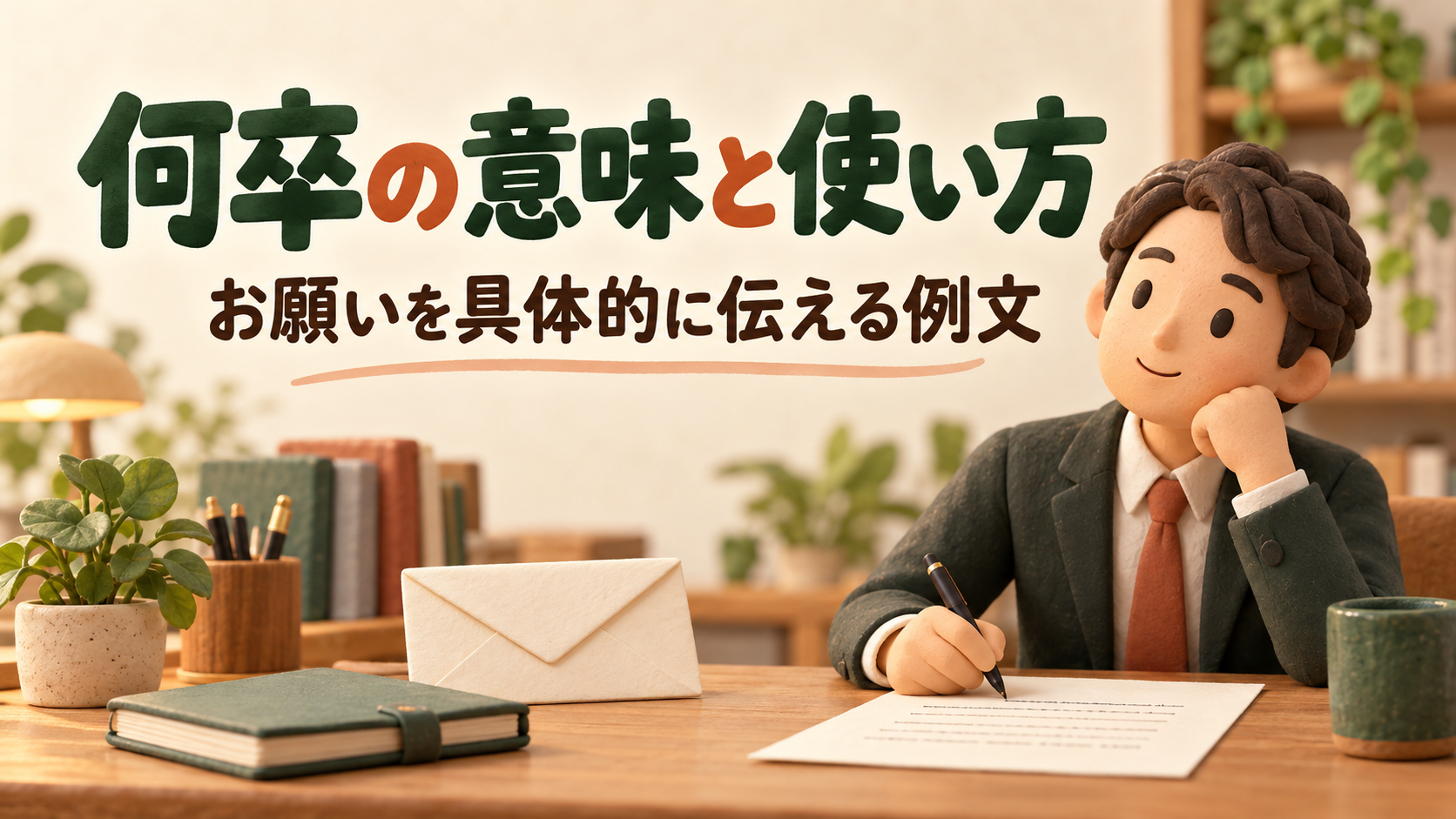 依頼の文面を考えながら手紙を書く会社員のイラスト