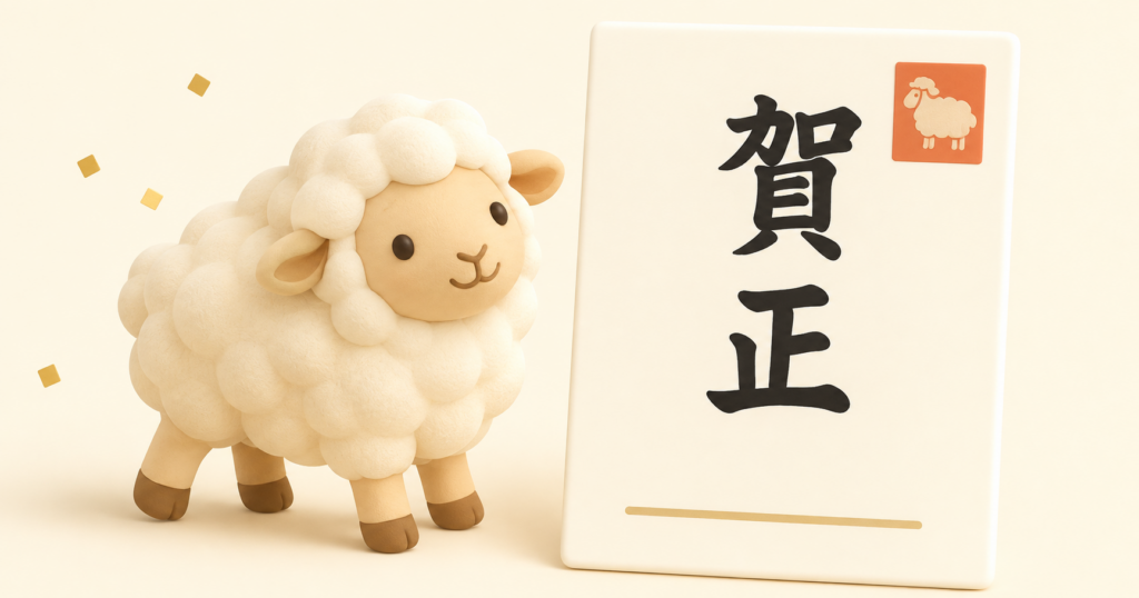 羊と賀正の札を描いた2027年の年賀状の一言記事