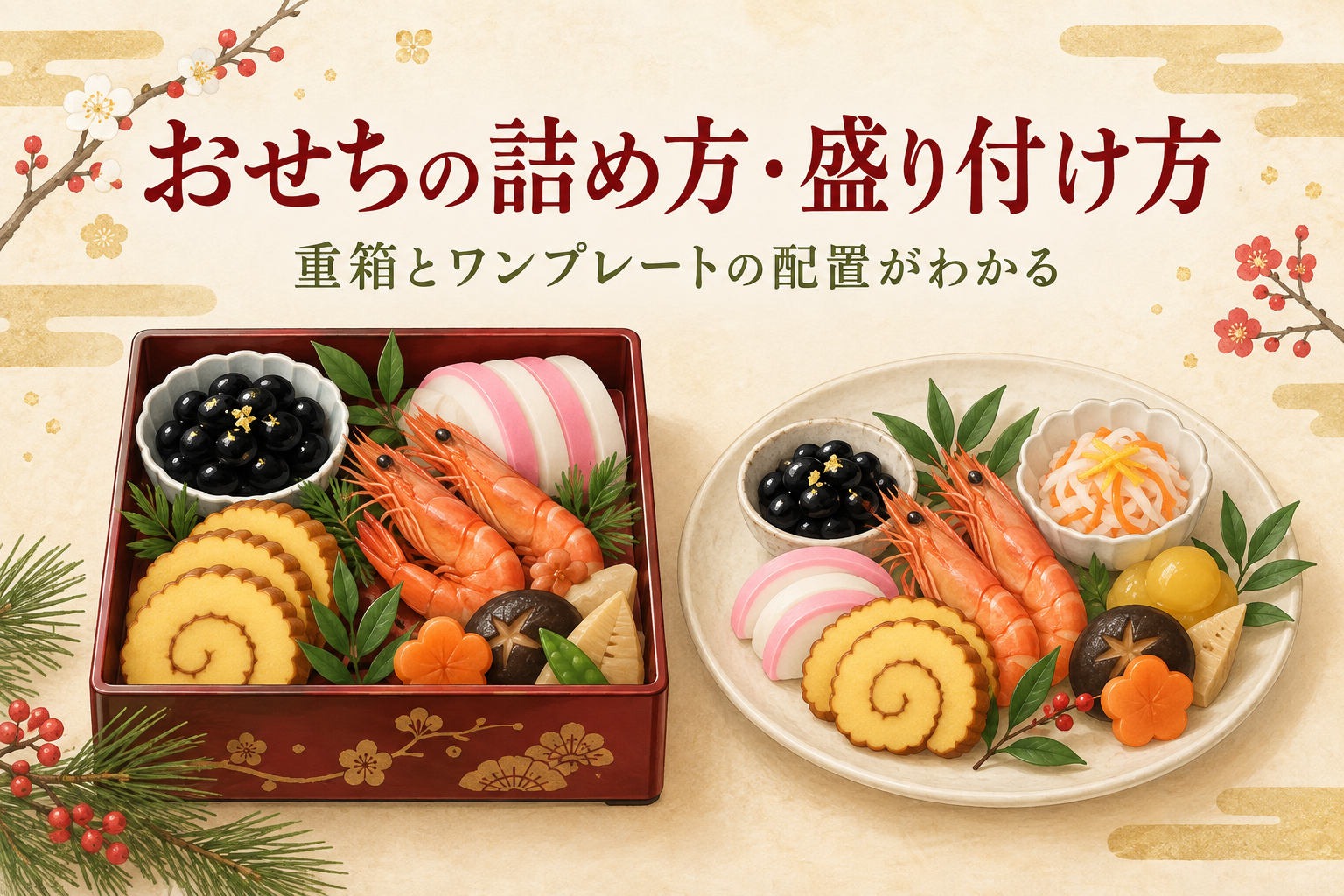 おせちの詰め方・盛り付け方。重箱とワンプレートに料理を盛り付けたイラスト。