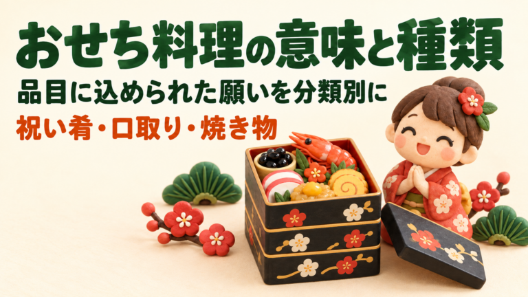 おせち料理の意味と種類を紹介する、重箱に詰めたおせち料理と手を合わせるキャラクターの可愛い3Dクレイ風イラスト。品目に込められた願いを分類別に解説(祝い肴・口取り・焼き物)。