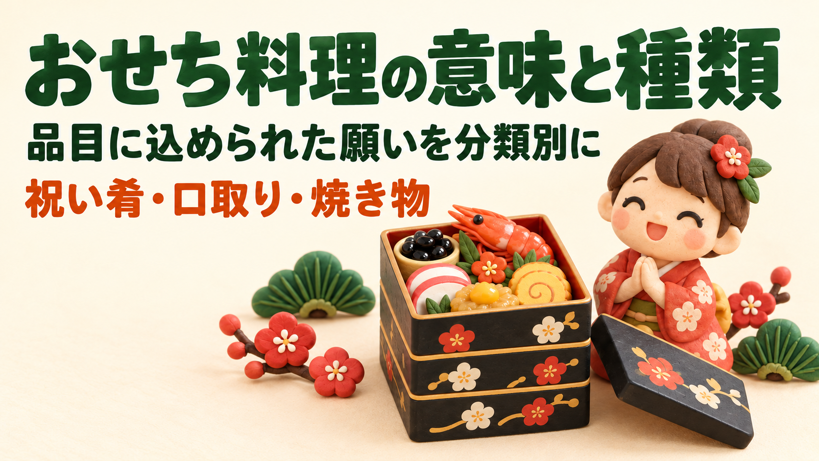 おせち料理の意味と種類を紹介する、重箱に詰めたおせち料理と手を合わせるキャラクターの可愛い3Dクレイ風イラスト。品目に込められた願いを分類別に解説(祝い肴・口取り・焼き物)。