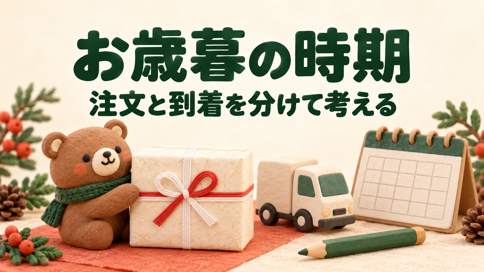 お歳暮の贈り物とカレンダーを並べた、到着時期を考えるイラスト