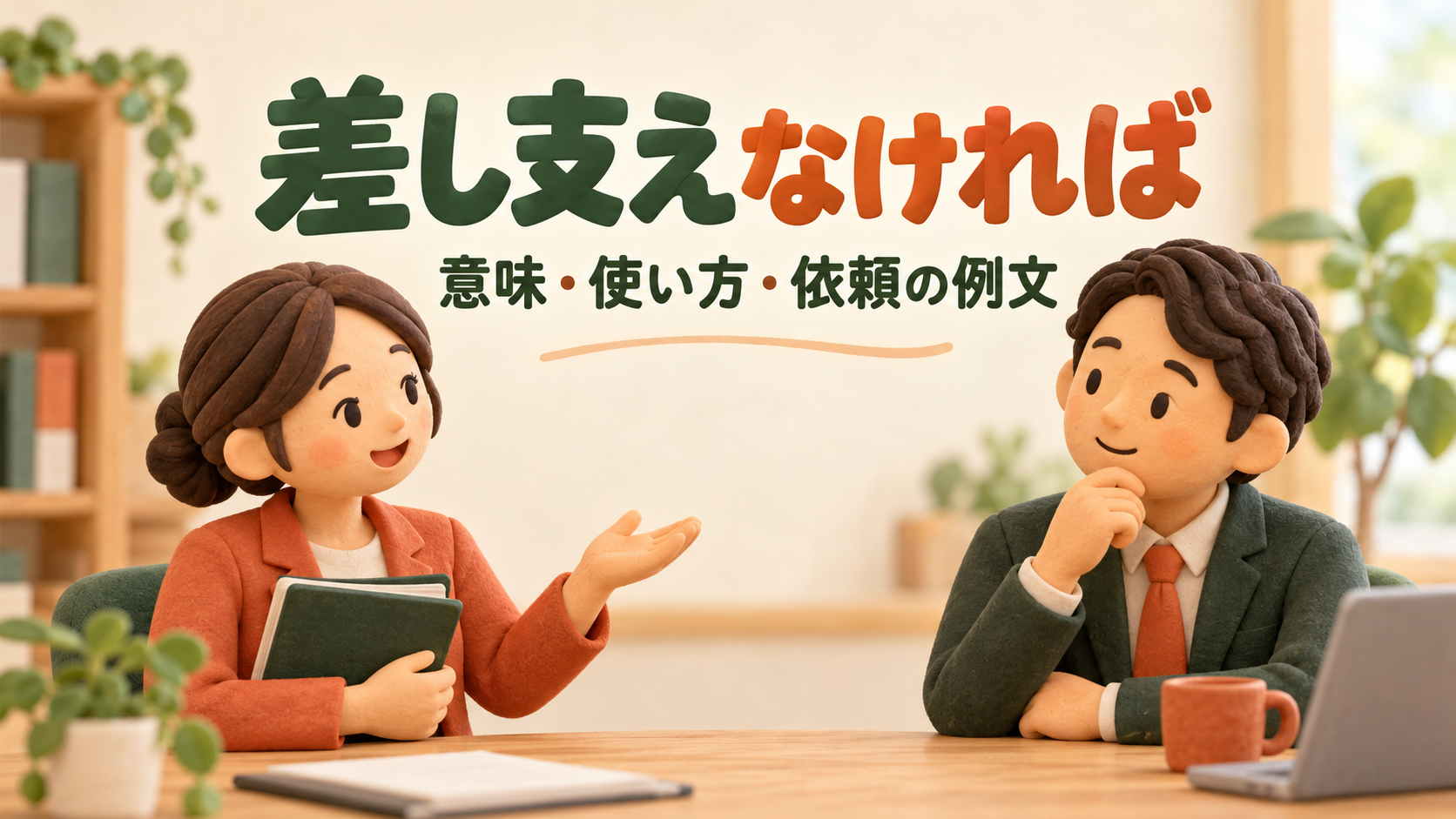 相手に依頼する言葉を相談する会社員のイラスト