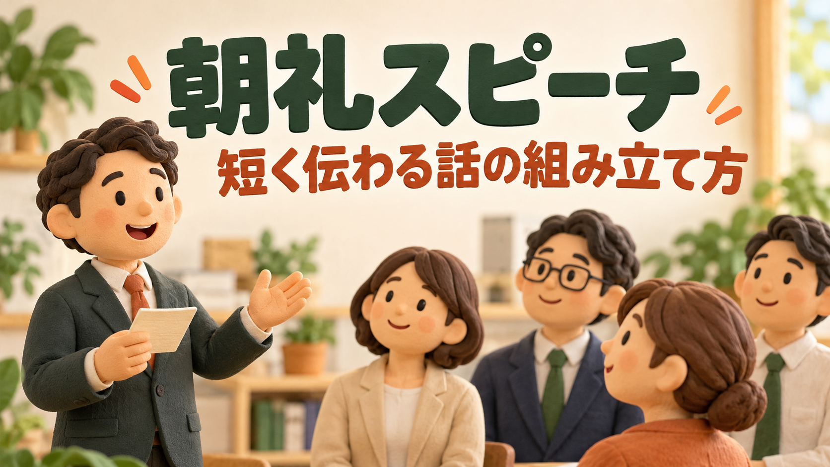 朝礼でメモを見ながら同僚に話す会社員のイラスト